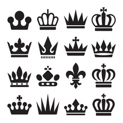A set of sixteen black and white vector crowns, each with a unique design, evokes a sense of royalty, power, and historical significance