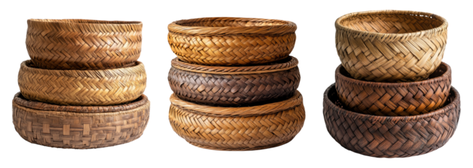 Stacked Woven Baskets in Various Styles on Transparent Background