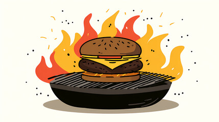 Simple drawing of a burger being flipped on a grill, with vibrant colors on a white background capturing a classic cookout moment. flipped moment. Illustration