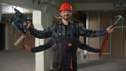 Happy smiling joyful Caucasian man builder male guy multitasking renovation tools drill hammer hardhat creativity power confident skilled four arms construction equipment humor handyman repair site