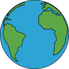 A simplified cartoon illustration of the Earth globe, prominently featuring South America and Africa.