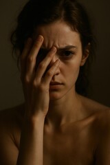 Pensive young caucasian female expressing emotion with hand on face