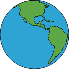 A simplified cartoon illustration of the Earth globe, prominently featuring North and South America.