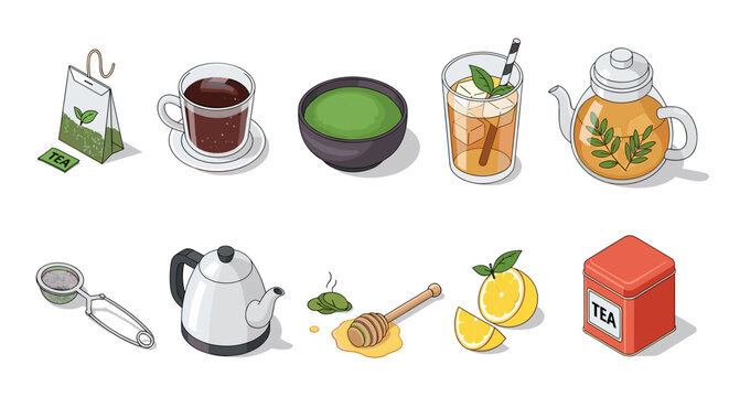 Isometric view of various tea preparations and accessories including honey and lemon slices displayed