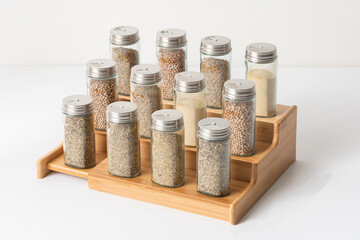 Organized spice rack scene showcasing twelve clear glass spice jars with stainless steel lids...