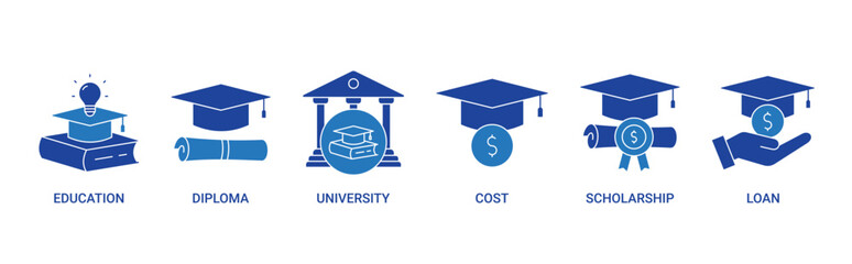 Scholarship icon set with education, diploma, university, cost, scholarship, loan concept illustration