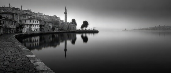Fototapeta premium Serene riverfront at dawn in black and white