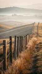 Obraz premium Rustic Fence in Misty Golden Landscape: Serene Countryside View