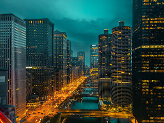 Chicago River and skyline at dusk.