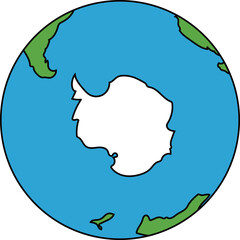 A simplified cartoon illustration of the Earth globe, prominently featuring Antarctica at the South Pole.