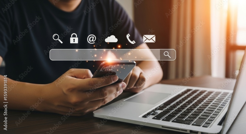 Poster person using a smartphone and laptop with various digital icons floating above a search bar