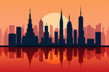 Obraz premium City skyline silhouette at sunset with water reflection