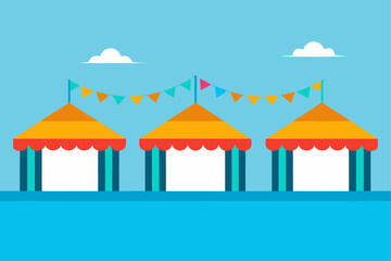 Colorful festival tents under a blue sky with bunting and clouds
