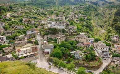 Fototapeta premium cityscape of Gjirokaster in Albania, with Ottoman architecture preserved on the World Heritage List