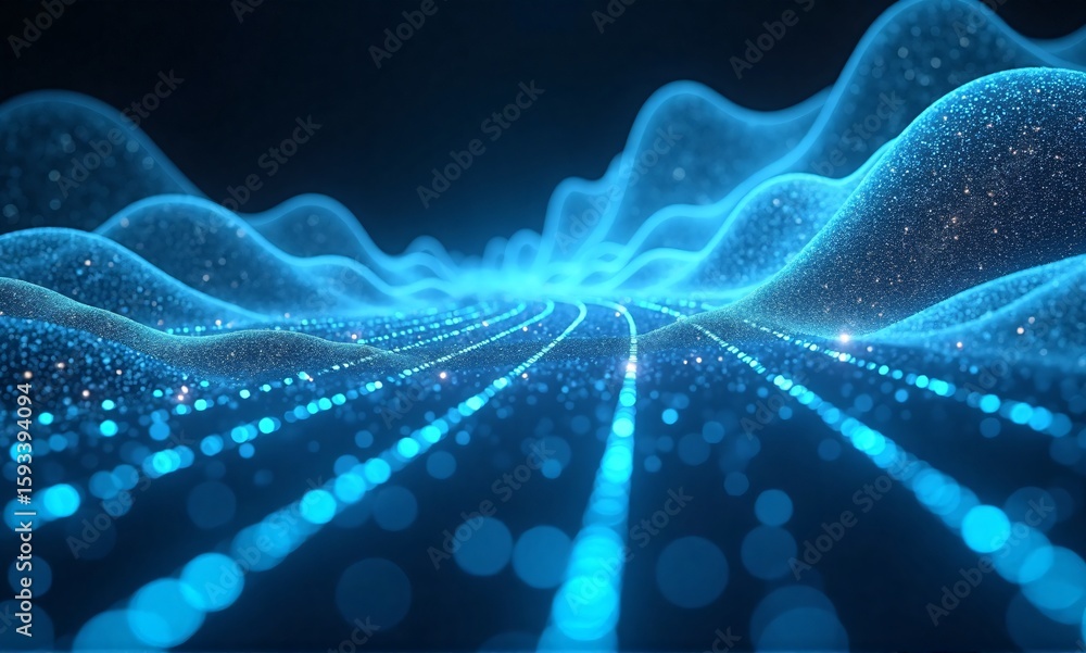 Poster abstract digital landscape. glowing blue particles form undulating waves and converging lines, sugge