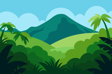 Lush green tropical landscape with distant mountain and palm trees