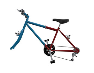 Dynamic 3D Render: Partially Assembled Blue and Red Bicycle Frame. Isolated on White, featuring handlebars, seat, pedals, chain. Perfect for bike construction, repair, maintenance, and modern cycling