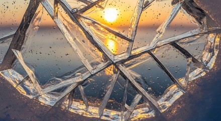 Textured abstract of cracked ice reflecting golden sun and sky, with water bubbles.