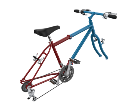 Vibrant 3D Illustration of a Disassembled Bicycle Frame Components on Transparent PNG Background | Essential Cycling Equipment Maintenance and Repair Concept Diagram with Red and Blue Contrast.