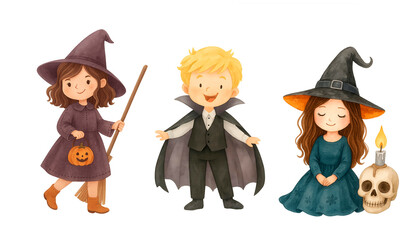 Halloween Costume Trio – Witch, Vampire and Skull Witch Illustration