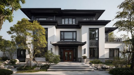 Elegant modern mansion amid lush greenery at dusk. AI image