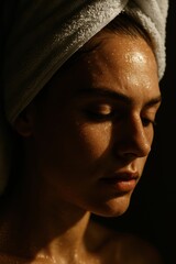 Serene female portrait with towel in warm light
