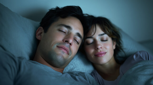 Young couple sleeping together in a comfortable bed at night - Powered by Adobe
