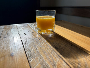 A glass of orange juice on a wooden table with morning light. 