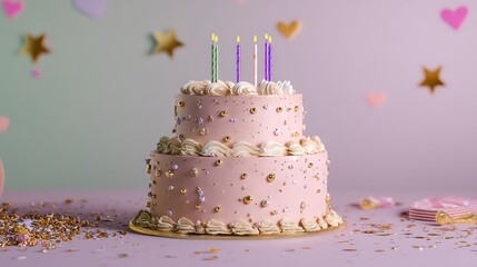 Two Tier Pink Birthday Cake with Gold Confetti and Colorful Candles Celebration