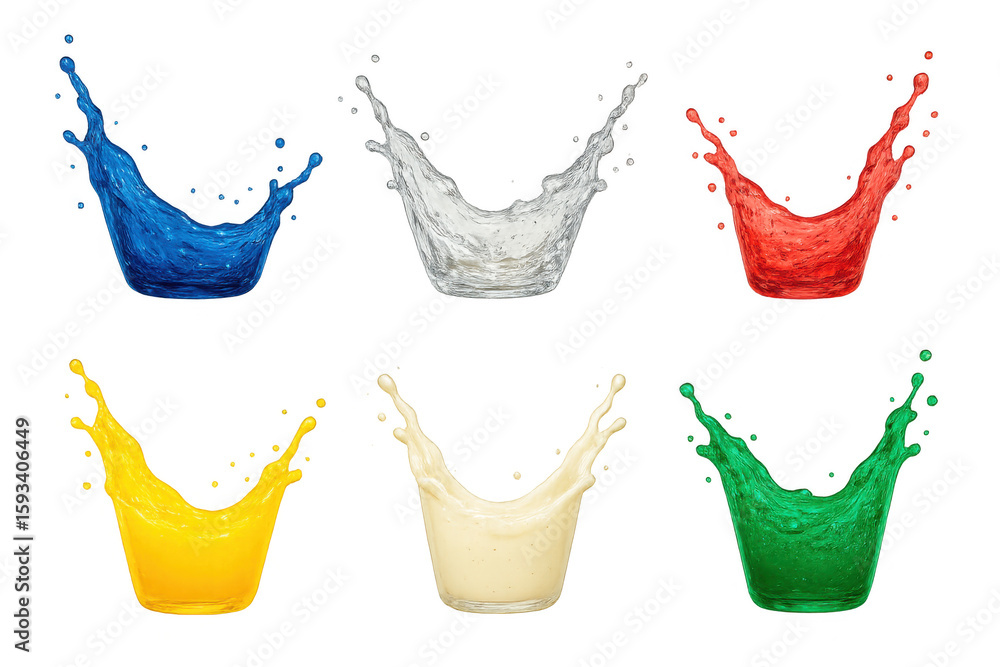 Poster multicolored liquid streams bursting dynamically against clear backdrop, displaying vivid motion