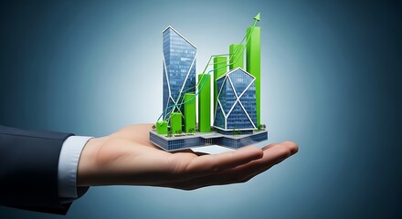 Businessmans Hand Supporting Modern Cityscape with Soaring Green Financial Growth Graph.