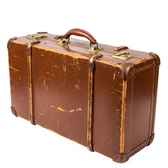 Vintage brown suitcase shows travel history, perfect for retro themes and adventure concepts, showcasing aged leather and brass details.