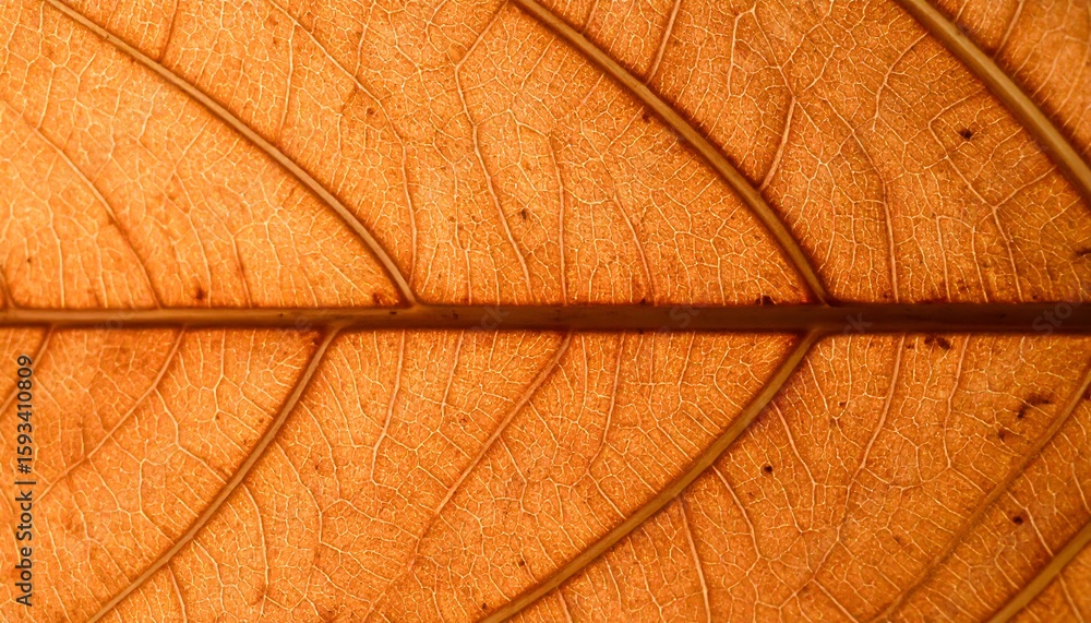 Poster extreme close-up macro of a dry autumn leaf, showcasing its intricate translucent texture and glowin