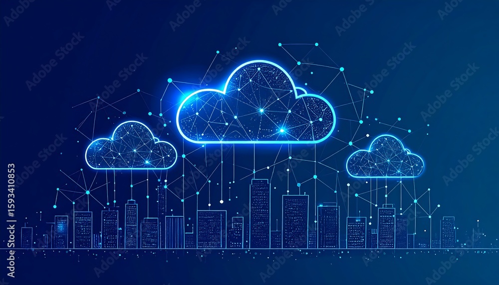 Poster futuristic smart city and cloud computing concept with a glowing blue digital network connecting clo