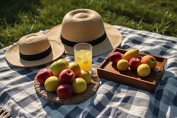 Picnic blanket with straw hats, fruits, and a drink on a sunny day.