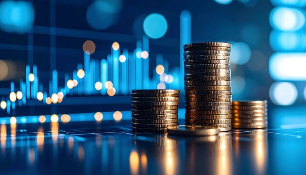 Golden coin stacks on a reflective surface against a glowing blue digital stock market graph. Business finance, investment, and economic growth concept with abstract bokeh background.