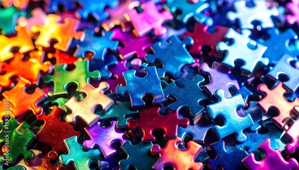 Poster colorful puzzle pieces background with a shiny metallic texture. abstract concept for teamwork, prob