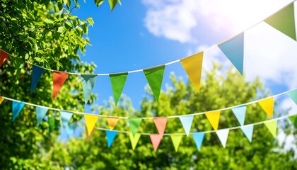 Summer celebration background with colorful pennant string decoration hanging in a garden against a sunny blue sky with lush green trees. Festive party or festival concept.