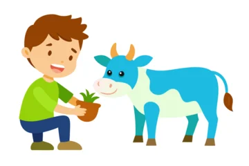 Gardinen A cute cartoon illustration of a fun farm scene with a boy and girl, their pet goat, and other cheerful cattle © Md