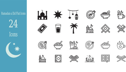 Black and white Ramadan and Eid flat icons set featuring mosque star dates and food illustrations