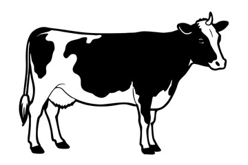 Black and white cow isolated on white background, a cute farm animal illustration