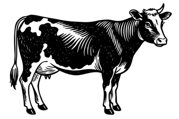 Black and white cartoon farm animal illustration of a cow or bull silhouette, isolated vector art for milk and beef cattle