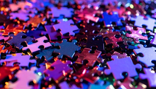 Abstract background of colorful, shiny jigsaw puzzle pieces glowing in dramatic purple and red neon light, symbolizing complexity, strategy, and finding solutions.
