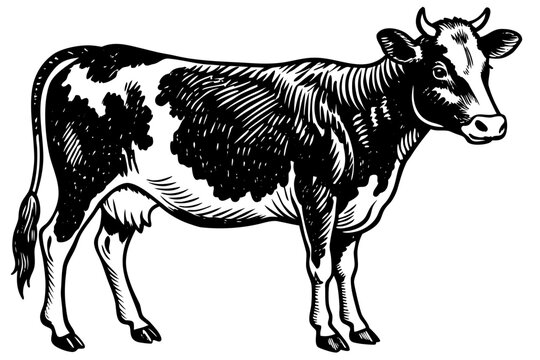 Black and white cattle isolated on a white background, featuring a cute cartoon farm animal illustration of a cow, bull, or calf for agriculture and dairy