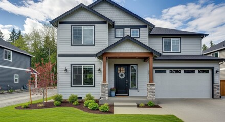 Modern two story gray house with dark trim and attached garage