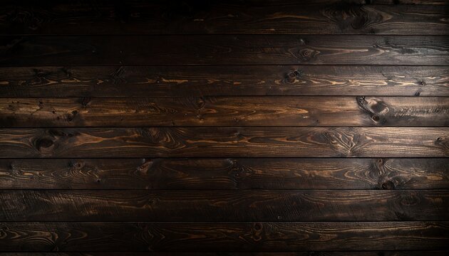 Rustic dark wood texture background. Old wooden wall made of horizontal planks with a rich, textured grain and natural knots. Moody brown tabletop or floor surface.