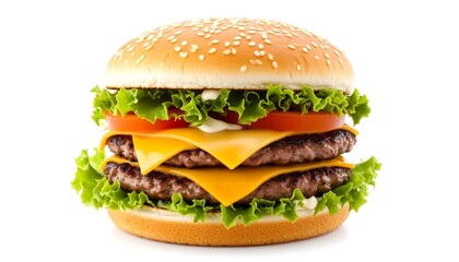 Juicy double cheeseburger with two grilled beef patties, melted American cheese, fresh lettuce, and tomato on a sesame seed bun. Classic fast food isolated on a clean white background.