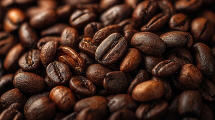 Fototapeta premium Close-up of roasted coffee beans in warm light. AI image