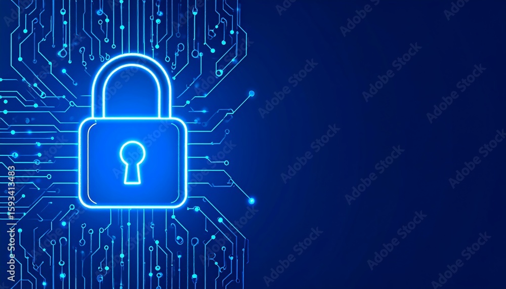 Aufkleber cybersecurity concept with glowing blue neon padlock on a futuristic digital circuit board backgroun