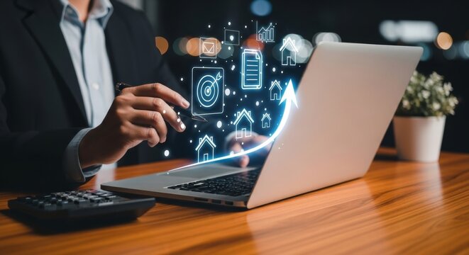 A businessman analyzes financial growth on a laptop with digital icons representing strategy, data, and real estate